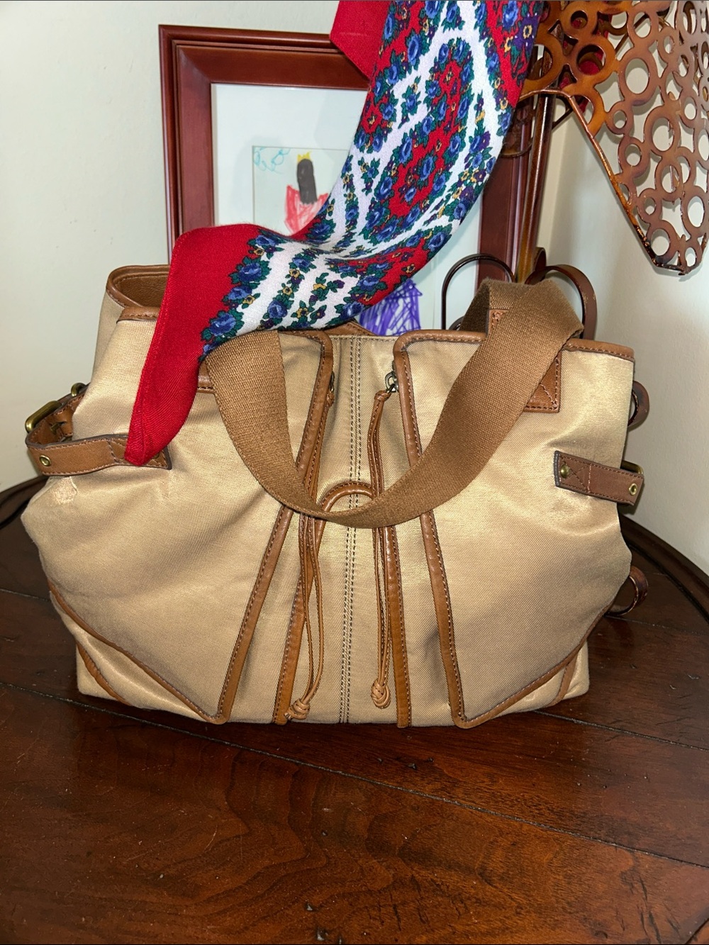Kooba Beige Shoulder Bag with Tan Trim vintage scarf included